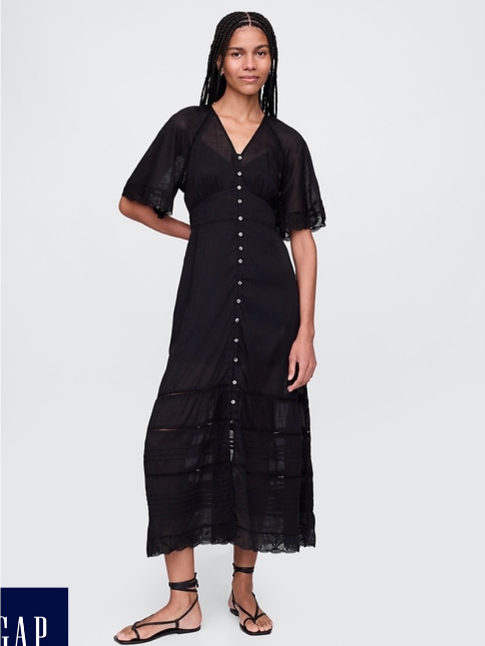 GAP Black Button-Down Maxi Dress with Flutter Sleeves - Picture 1 of 3